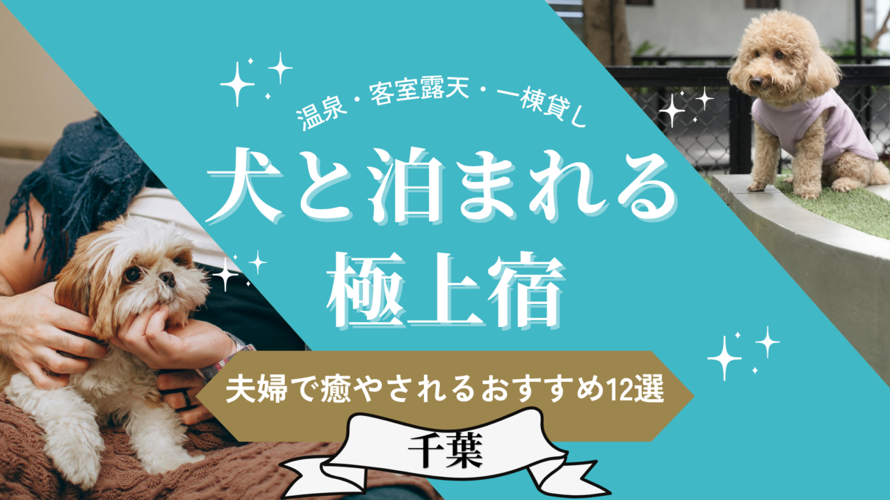 千葉県で犬と泊まれるおすすめホテル12選を紹介するアイキャッチ画像。夫婦での癒やし旅行に最適な極上宿を厳選。